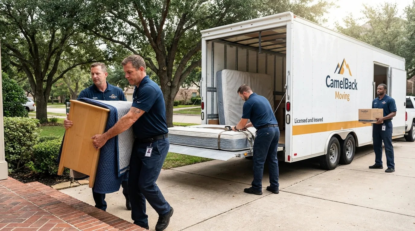 Crew loading residential truck for cross-state move from Pulaski, WI