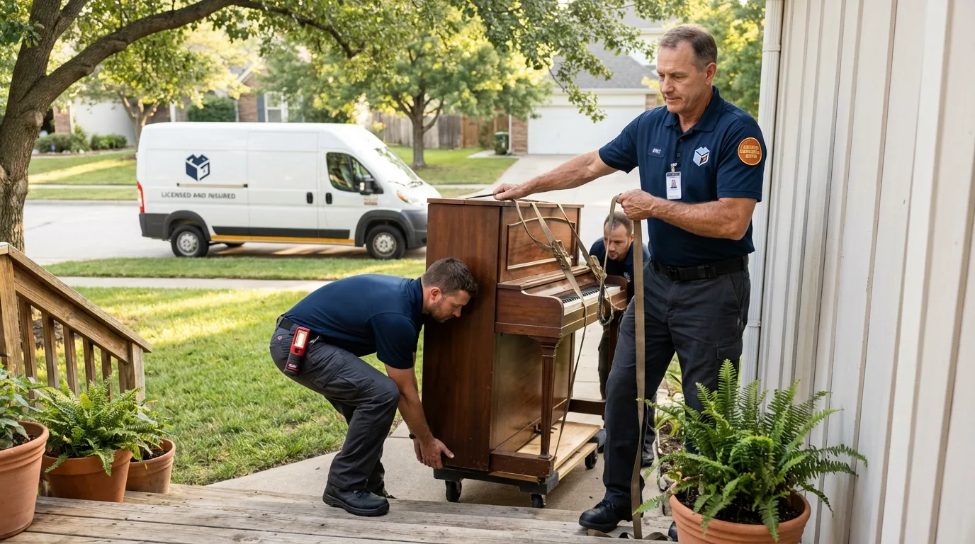 Licensed piano movers securing grand piano in Pulaski, WI